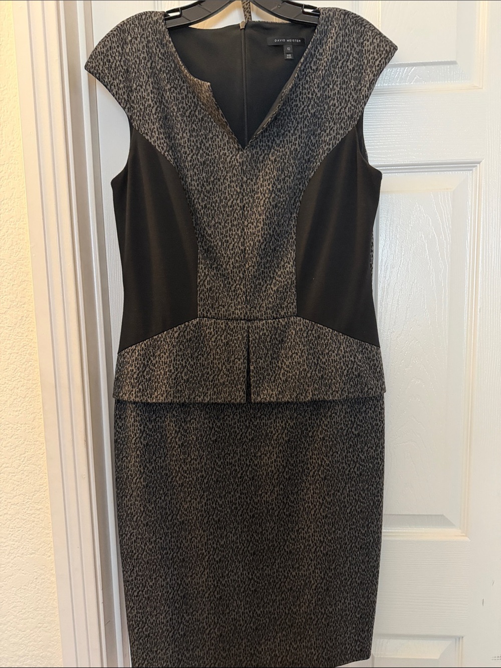 David Meister Black and Charcoal leopard Patterned Peplum Sheath Dress